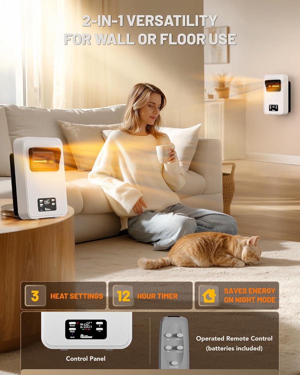 image:imageDr Infrared Heater Ecoheat Wall Hung or Wall Mounted Electric Space Heater Dual System with Infrared and Fan Forced Remote Control 1500W White